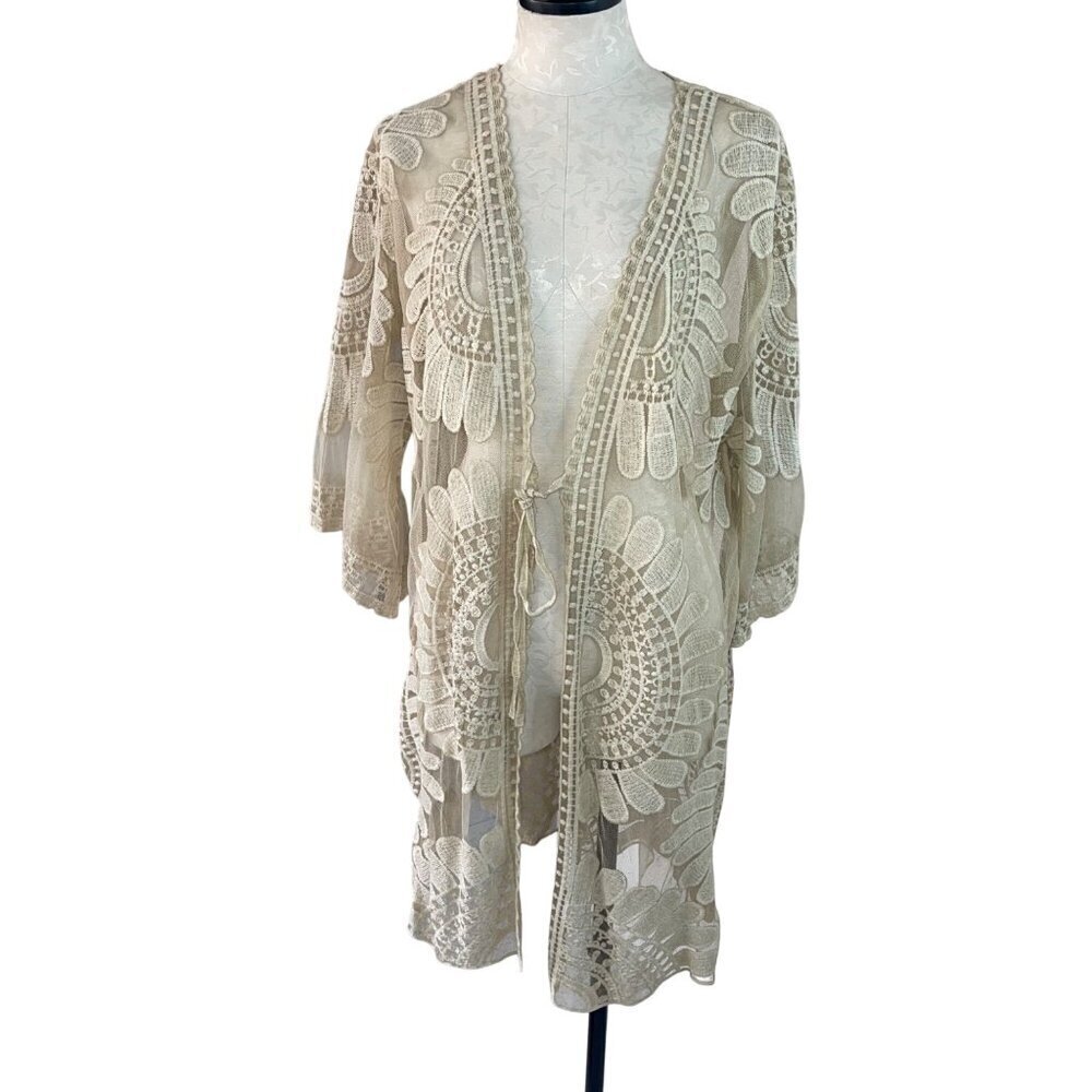 Blue Island Womens Cover Up Size Large Beige Swim Kimono Embroidered Floral New